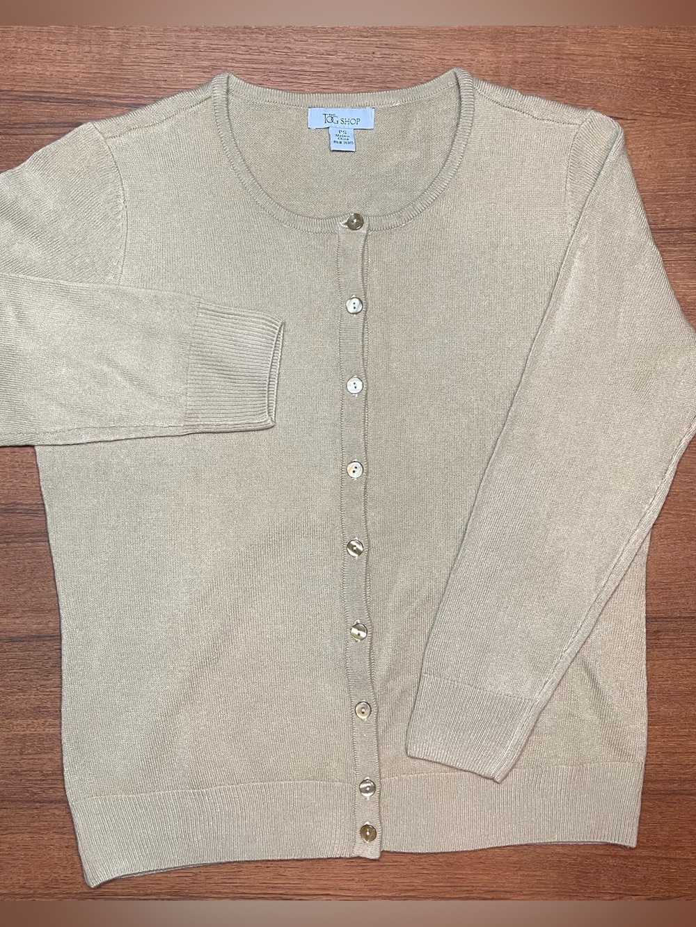 Tog Shop Tan Beige Knit Crewneck Cardigan Sweater Petite Small PS